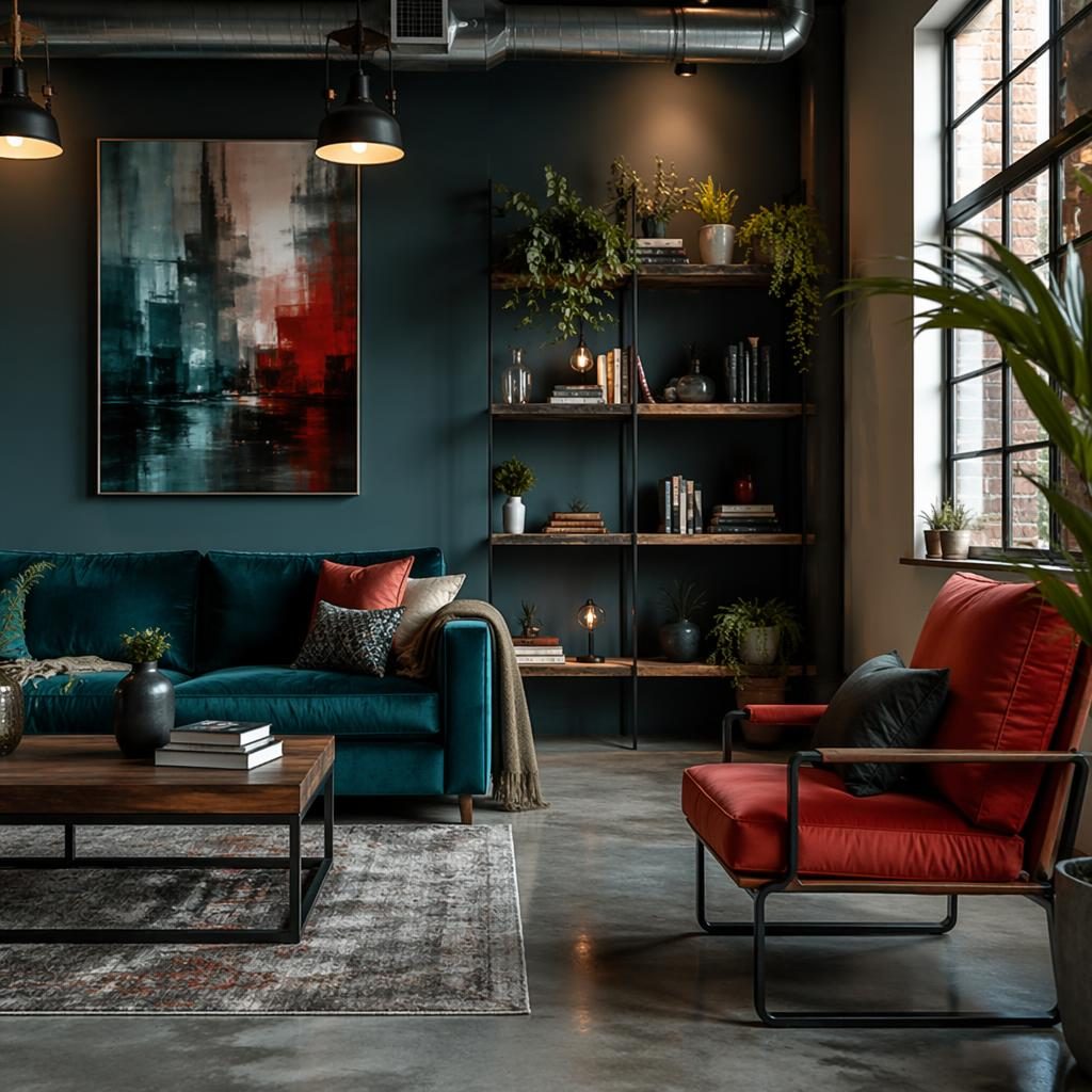 Luxury contemporary interior with cool grey palette, soft daylight, natural materials, plants, art, textiles, and industrial pipes