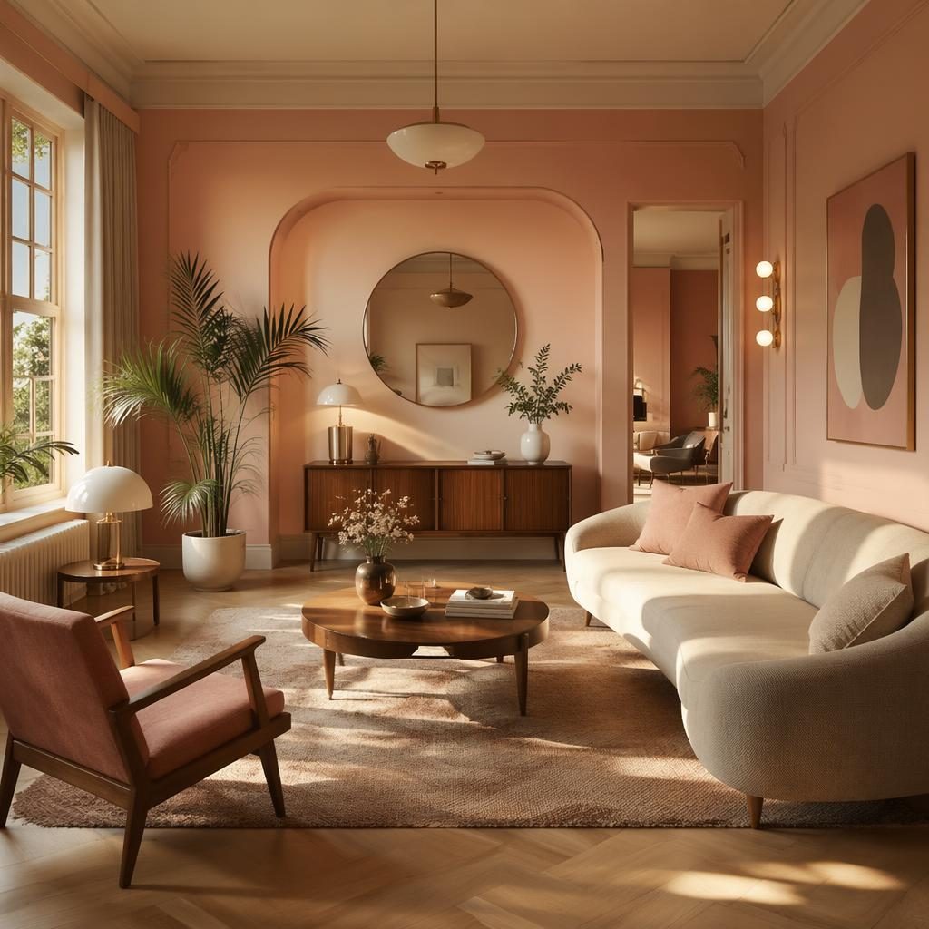 Mid-Century Wohnzimmer mit Art-Déco-Eingang, rosa-beiger Palette, Pflanzen, Textilien und warmem Abendlicht