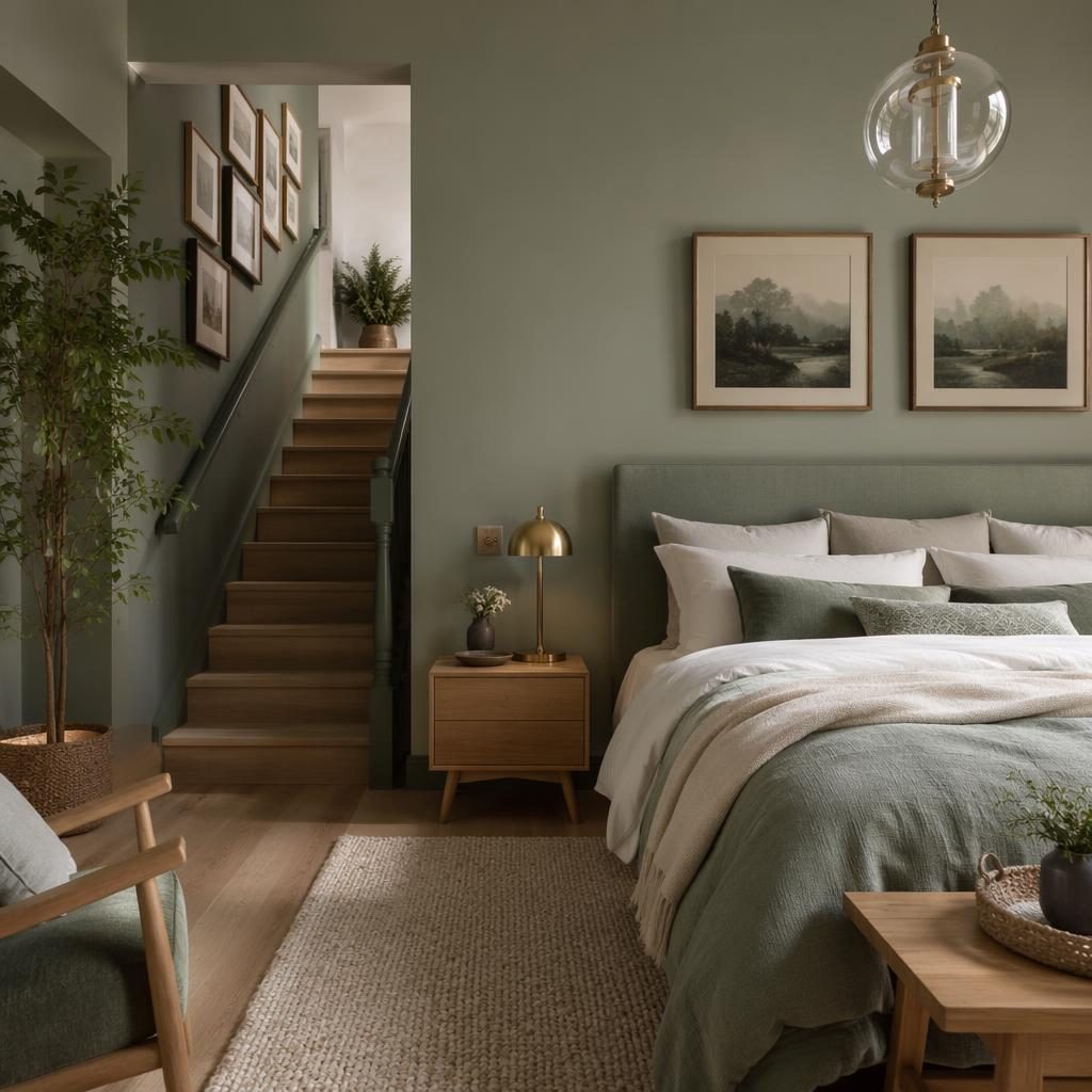 Dormitorio en tonos sage y crema con materiales naturales, textiles suaves, plantas y luz natural, sin personas.