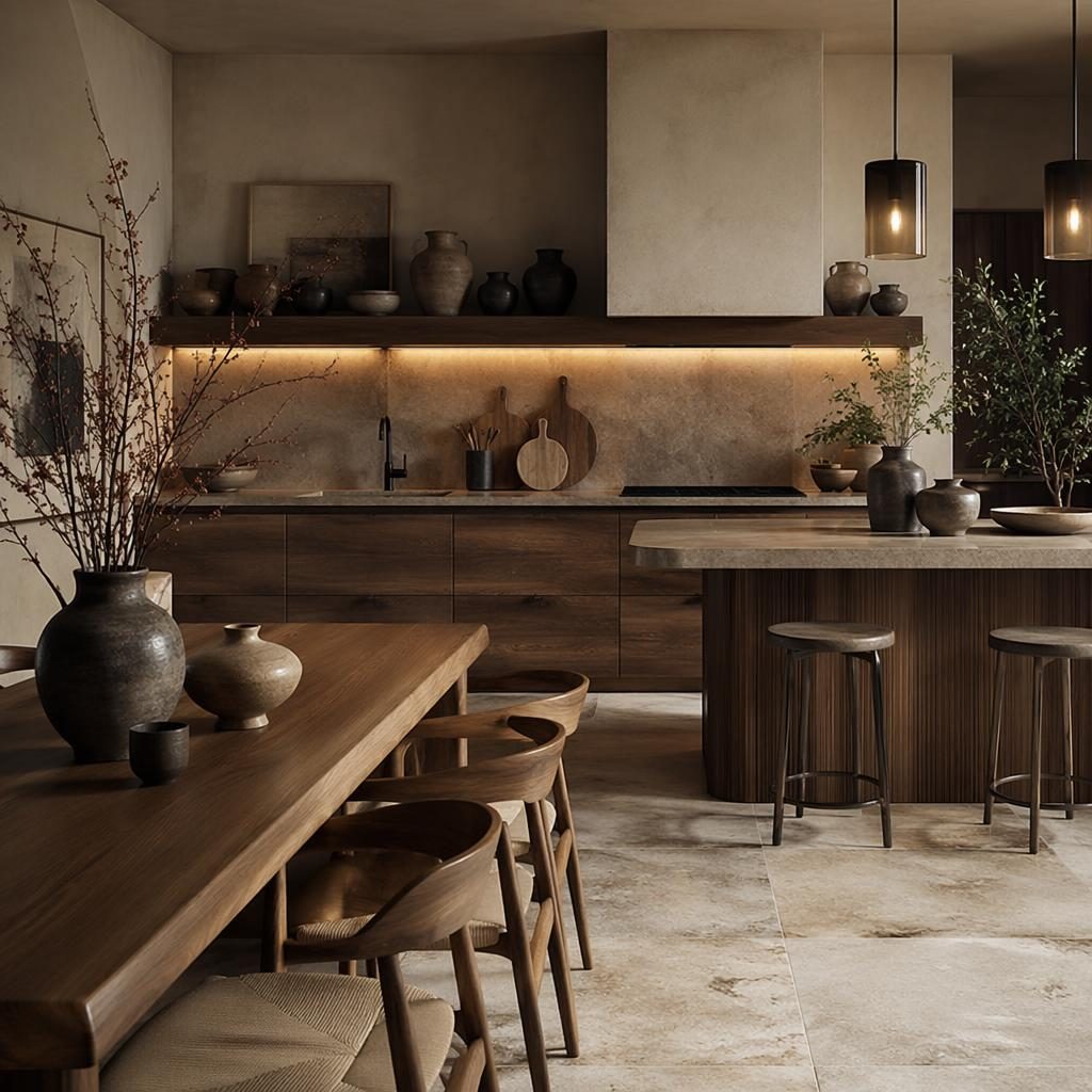 Cocina contemporánea de lujo estilo wabi sabi en tonos tierra, con floreros, plantas, arte y materiales naturales.