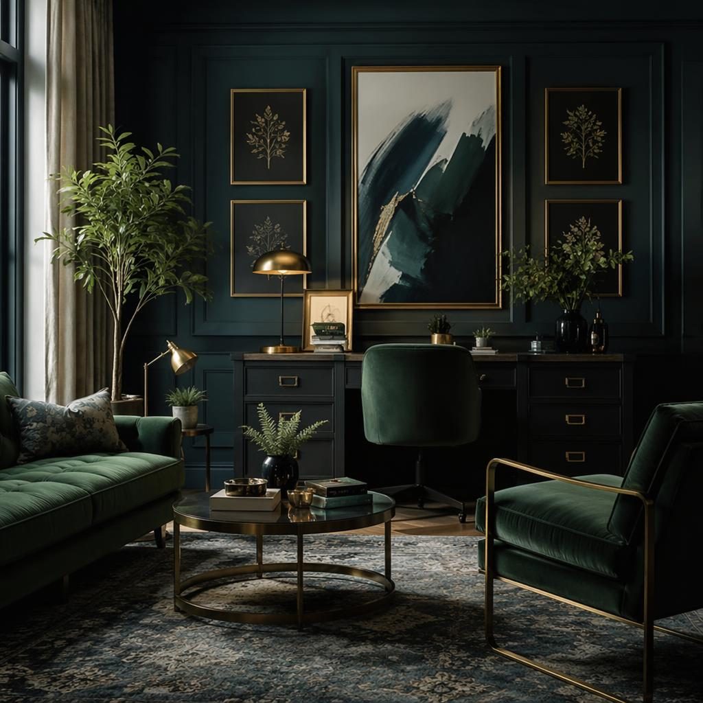 Oficina en casa estilo farmhouse con paleta azul y latón, muebles naturales, plantas, arte y luz ambiental tenue