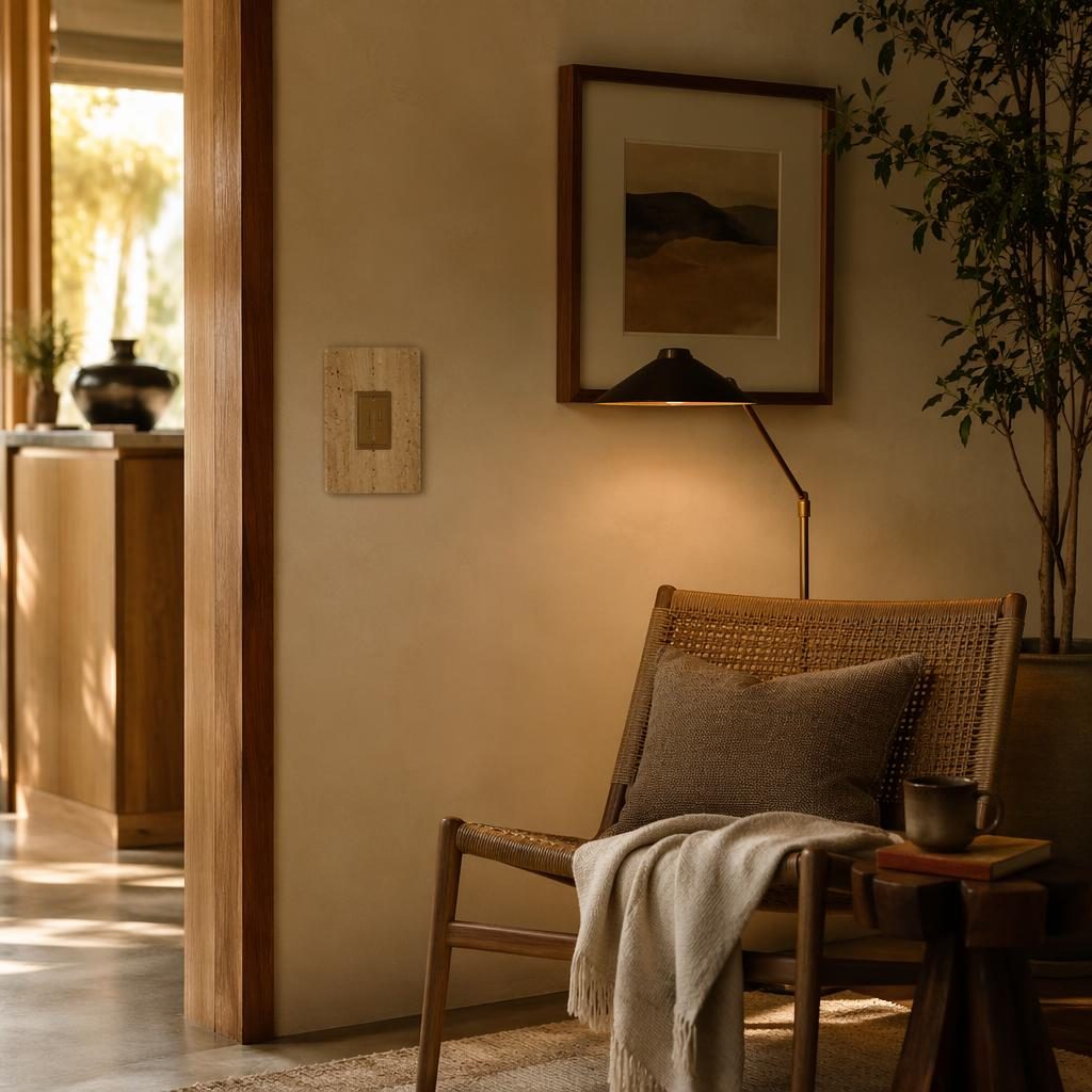 Recibidor wabi sabi en tonos tierra con rincón de lectura, materiales naturales, plantas, arte textil y luz dorada