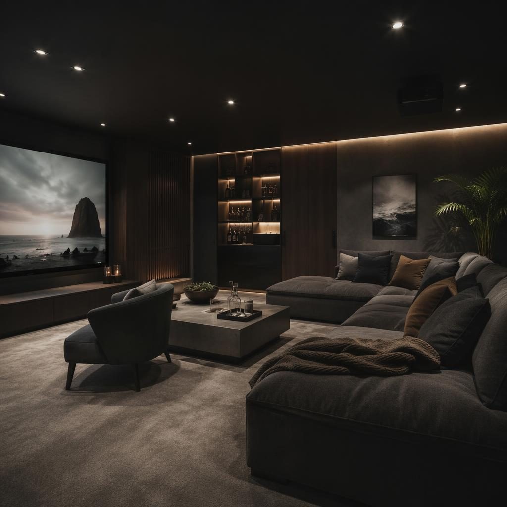 Moody coastal bachelor pad living room with cool grey palette, luxury home cinema seating, plants, art, and textiles.