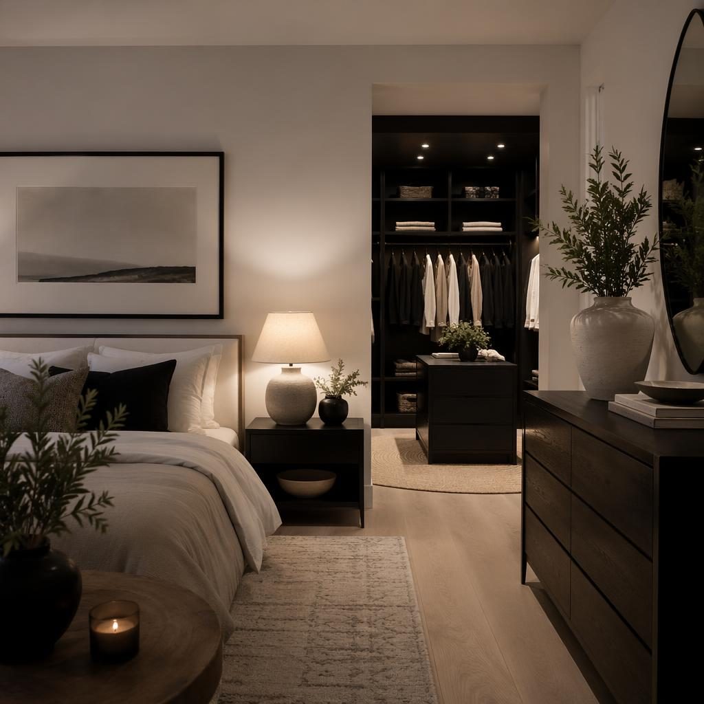 Scandinavian bedroom with a minimalist walk-in closet, black and white palette, warm evening light, plants, art, and textiles.