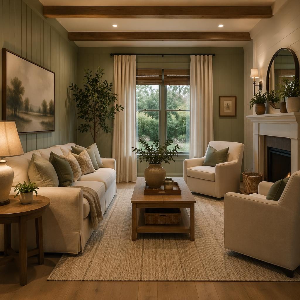 Modern farmhouse living room render with sage and cream palette, natural wood, cozy textiles, plants, wall art, warm evening light.