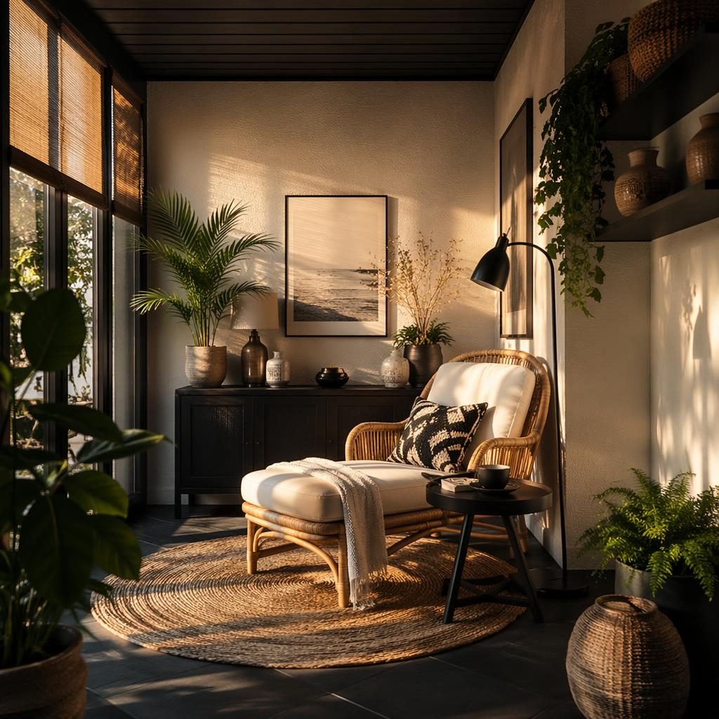 Art-Déco-Lesenische im Wintergarten mit Rattanmöbeln, Schwarz-Weiß-Palette, Pflanzen, Textilien und Abendlicht