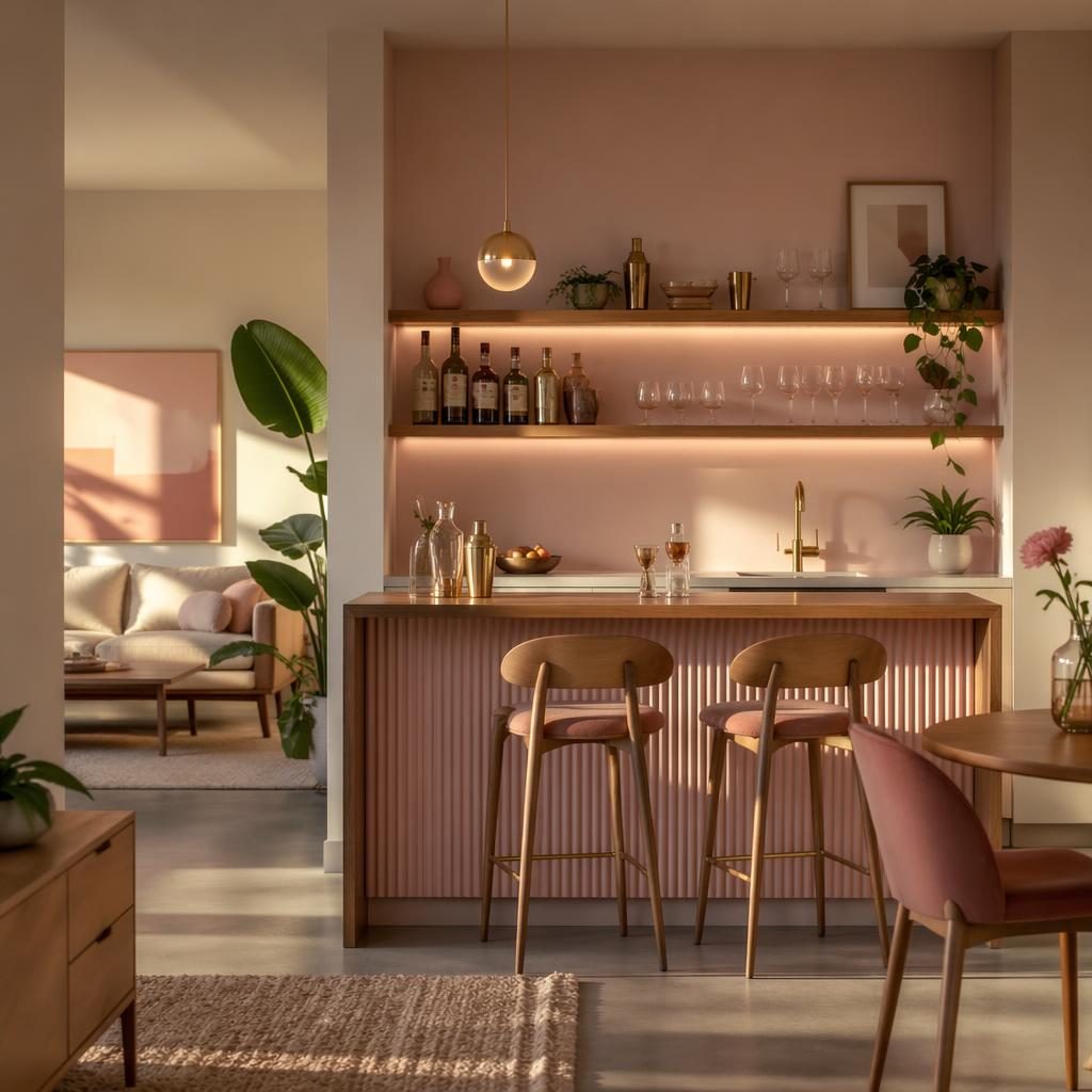 Minimalistische Küche in Pastellrosa und Beige mit Mid-Century-Hausbar, Naturmaterialien, Pflanzen und Abendlicht.