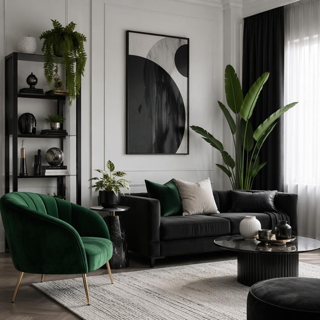 Minimalist black and white living room with soft daylight, natural materials, plants, art, textiles, and styled decor.