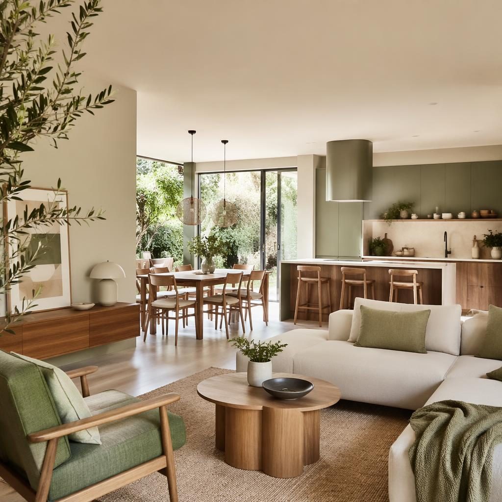 Interior realista de espacio integrado con paleta salvia y crema, madera de teca, plantas, arte y luz natural suave.
