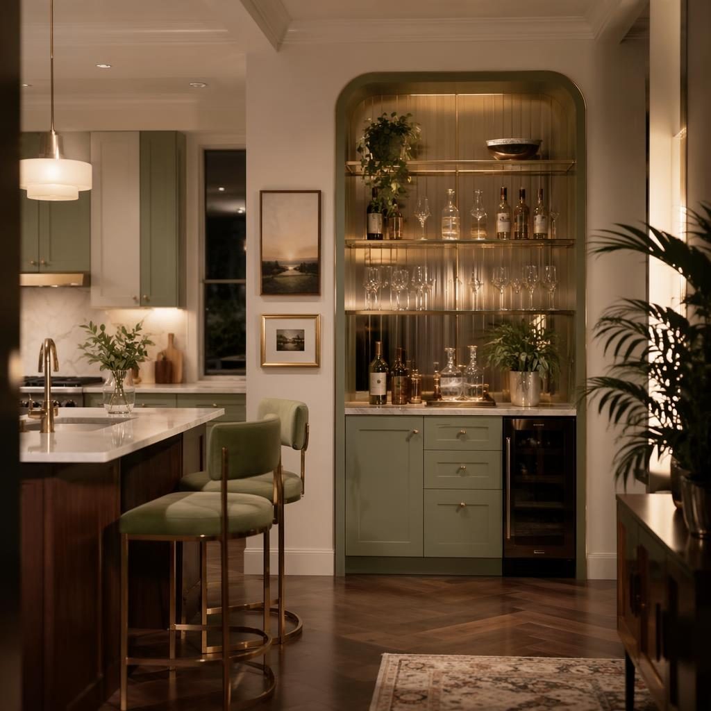 Art deco kitchen interior in sage and cream with a mid century home bar, plants, textiles, and warm evening light