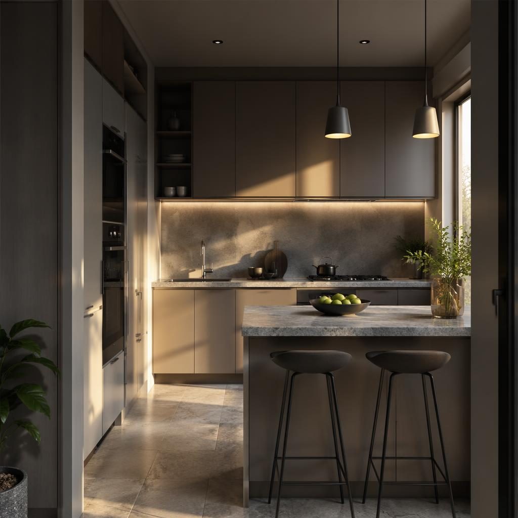 Modern minimalist walk-in closet in cool greys at golden hour with metal frame furniture, plants, art, textiles and wood.