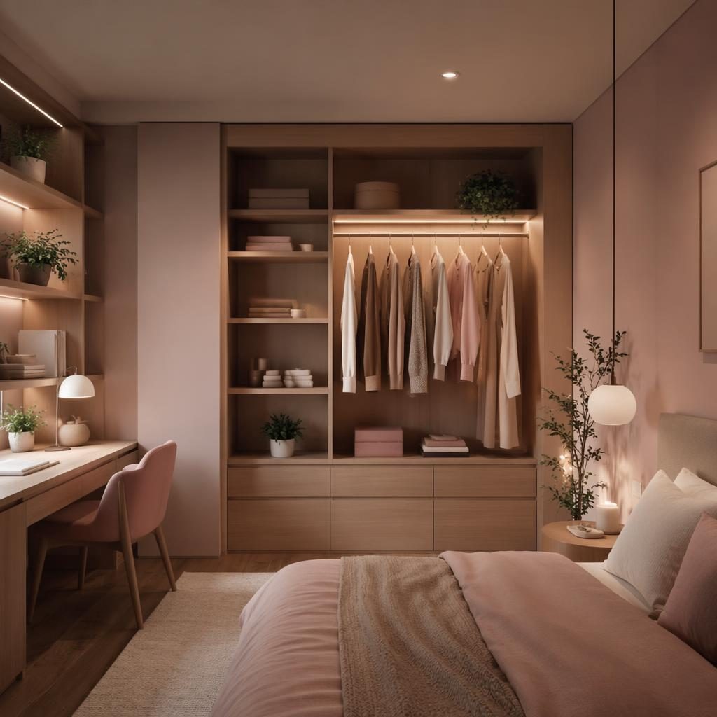 Modern japandi teen bedroom home office with pastel pink and beige tones, styled closet decor, plants, art, and textiles.