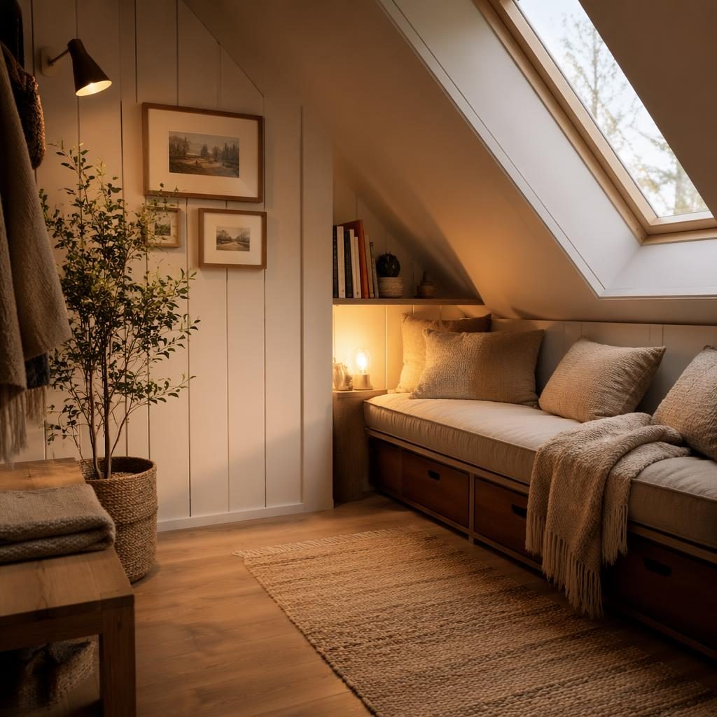 Farmhouse-Mudroom unter Dachschräge mit Sitzbank, Holz, Körben, Pflanzen, Textilien und warmem Abendlicht