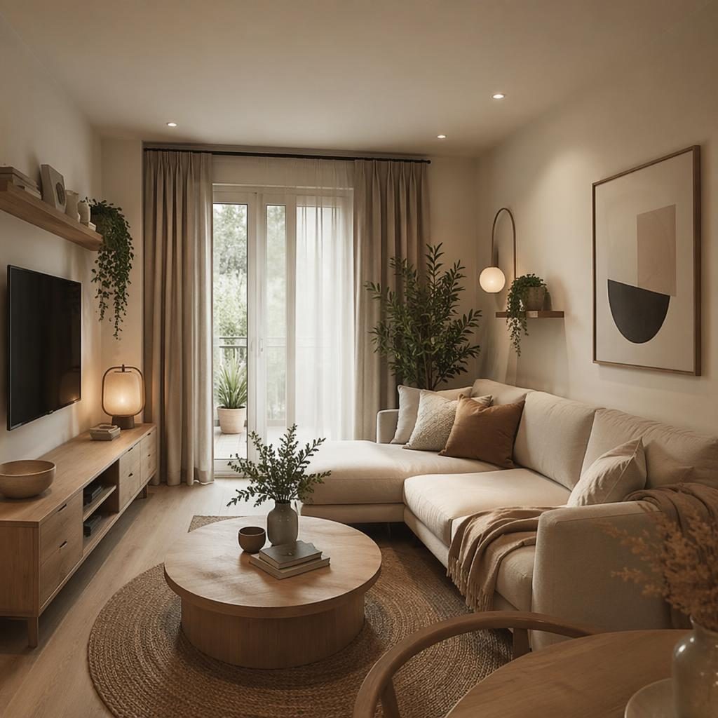 Render interior realista de baño japandi en tonos neutros cálidos, con madera, plantas, textiles y luz ambiental tenue.