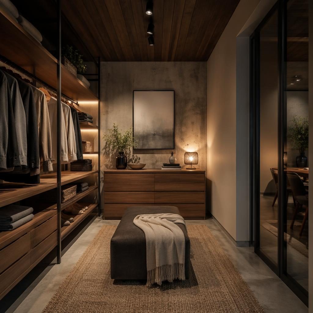 Industrial begehbarer Kleiderschrank mit warmen Naturtönen, Holz, offenen Regalen, Textilien, Pflanzen und Abendlicht