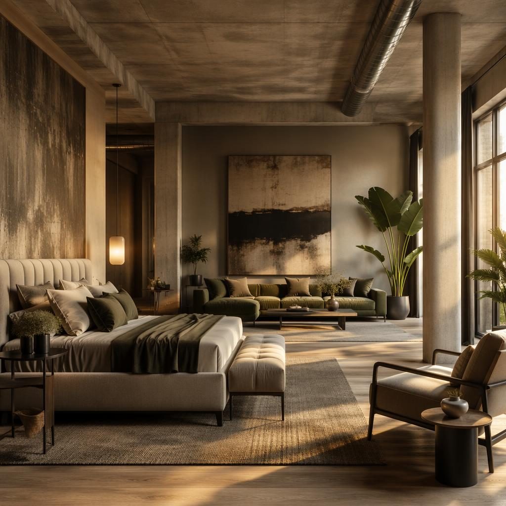 Luxuriöse Master Suite mit wohnlichem Sitzbereich in Salbei und Creme, goldene Abendsonne, Pflanzen, Kunst und Textilien
