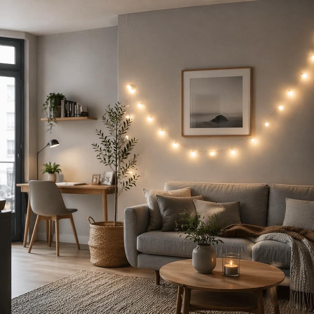 Bureau scandinave minimaliste avec palette gris froid, lumière du jour douce, bois naturel, plantes, textiles et guirlande lumineuse.