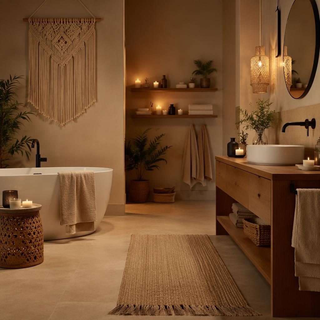 Baño minimalista boho en tonos neutros cálidos, con materiales naturales, plantas, arte textil y luz de tarde.