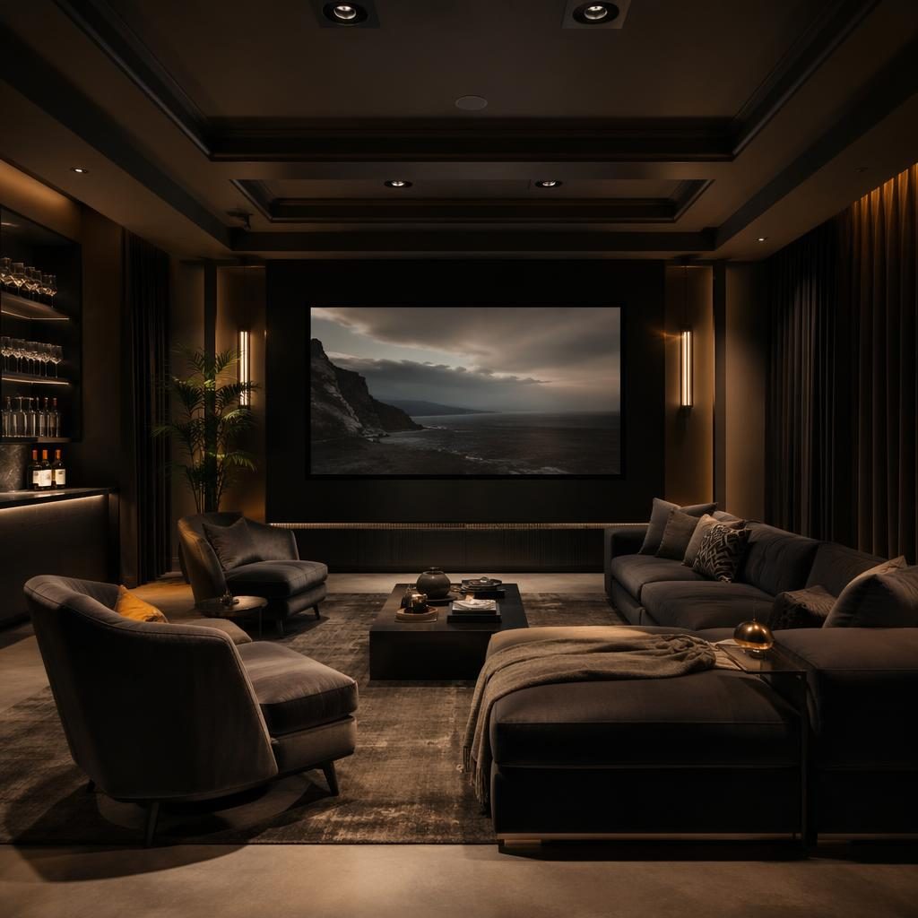 Dark luxurious bachelor pad living room with home cinema seating, earth tones, plants, textiles, and soft daylight.