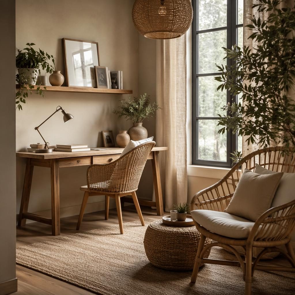 Warm neutral farmhouse home office with boho rattan seating, natural wood, plants, textiles, wall art, and diffused light.
