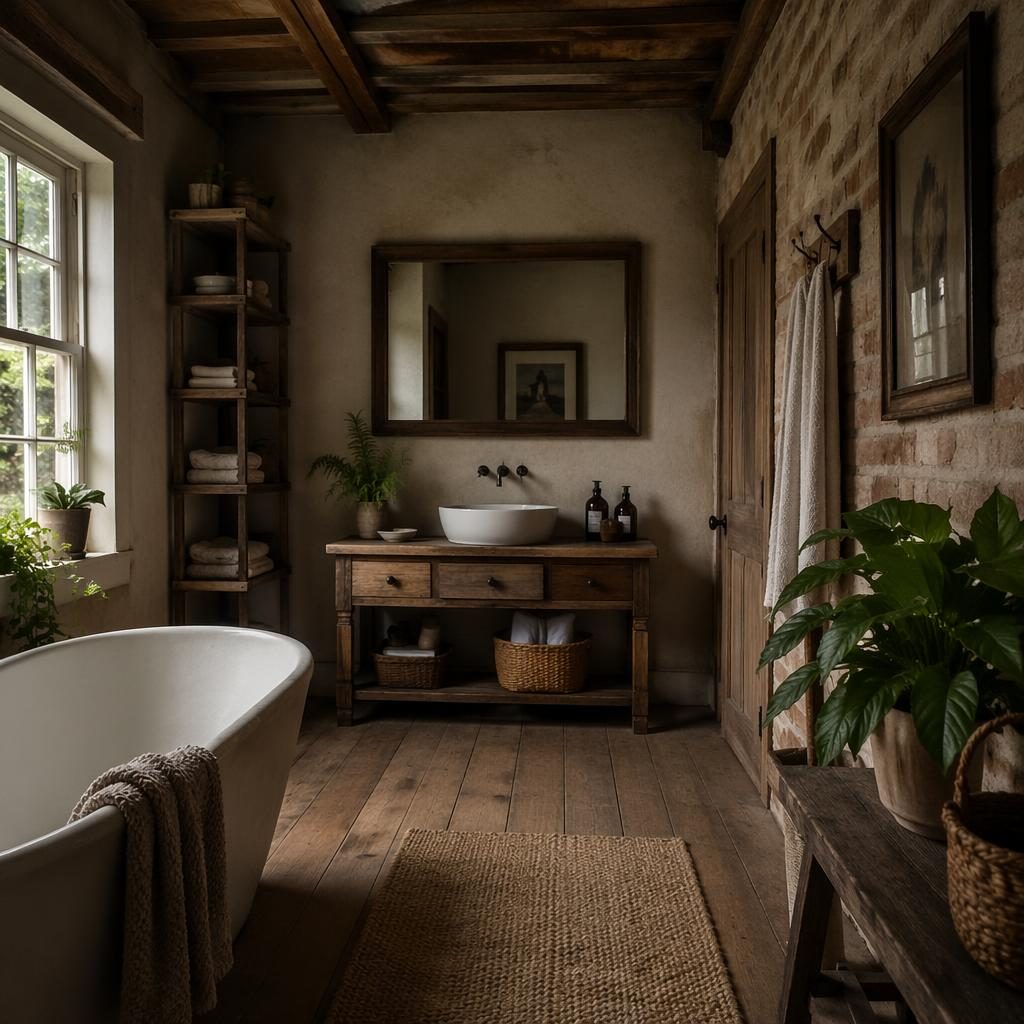 Industrial brick kitchen in an old farmhouse interior with earth tones, natural materials, plants, art, and textiles.