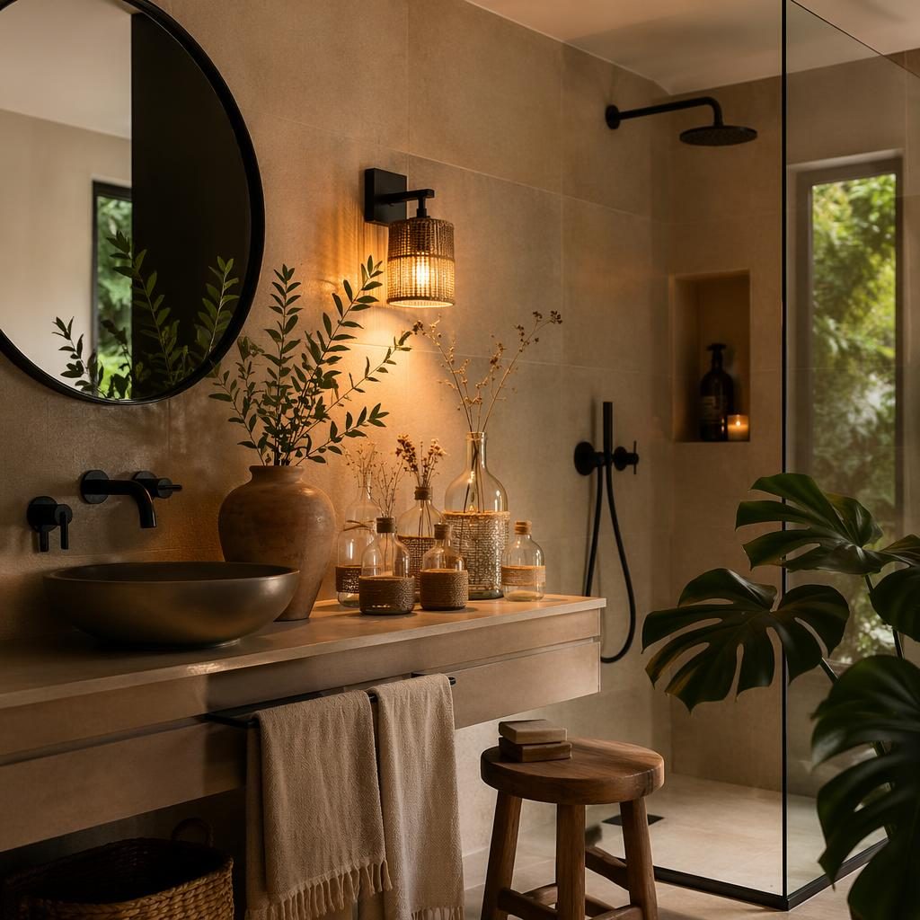 Dormitorio mid-century en tonos tierra con materiales naturales, plantas, arte textil y baño minimalista con grifería negra.