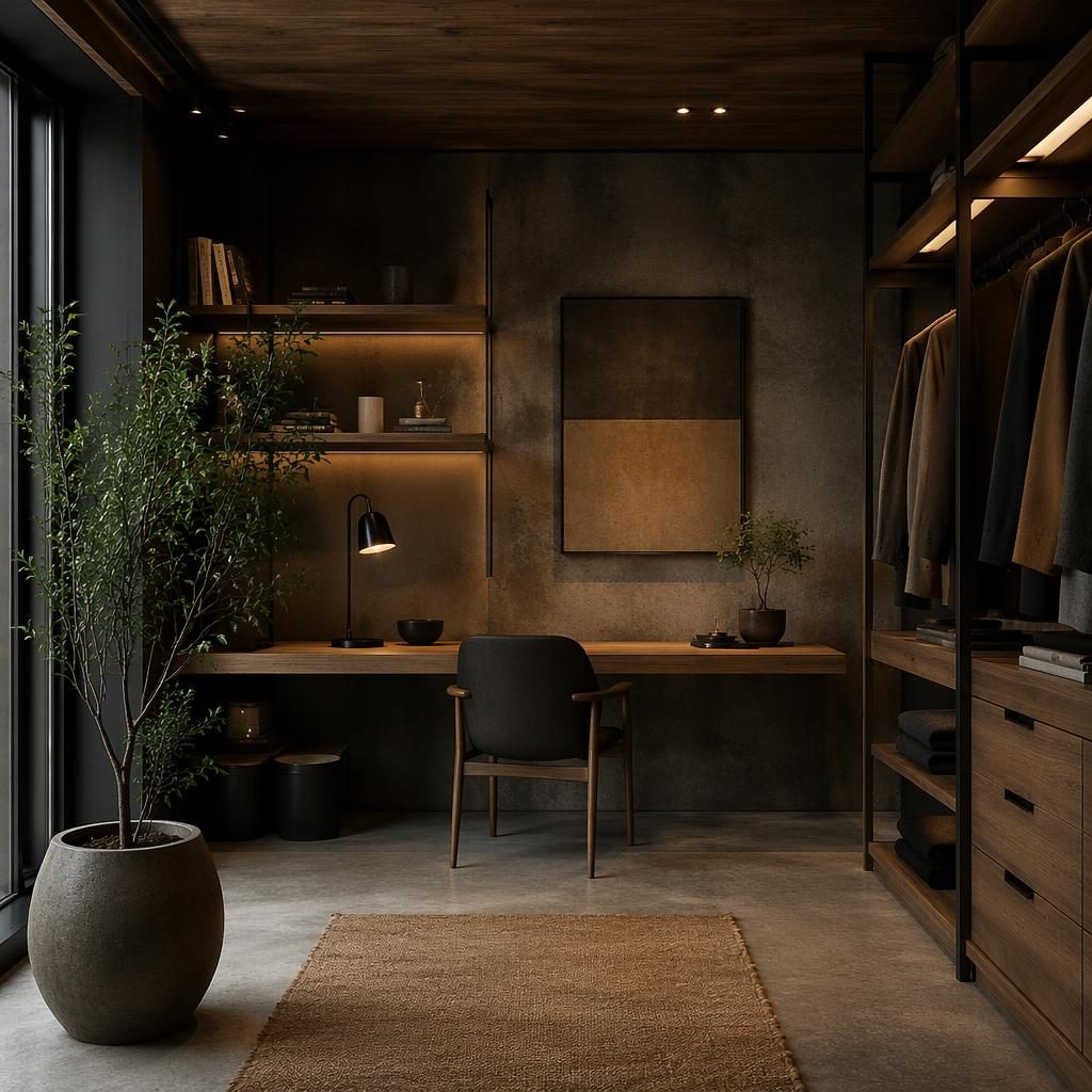 Dressing ouvert style japandi, tons terre, bois naturel, textiles, plantes et lumière douce dans une ambiance cinématographique