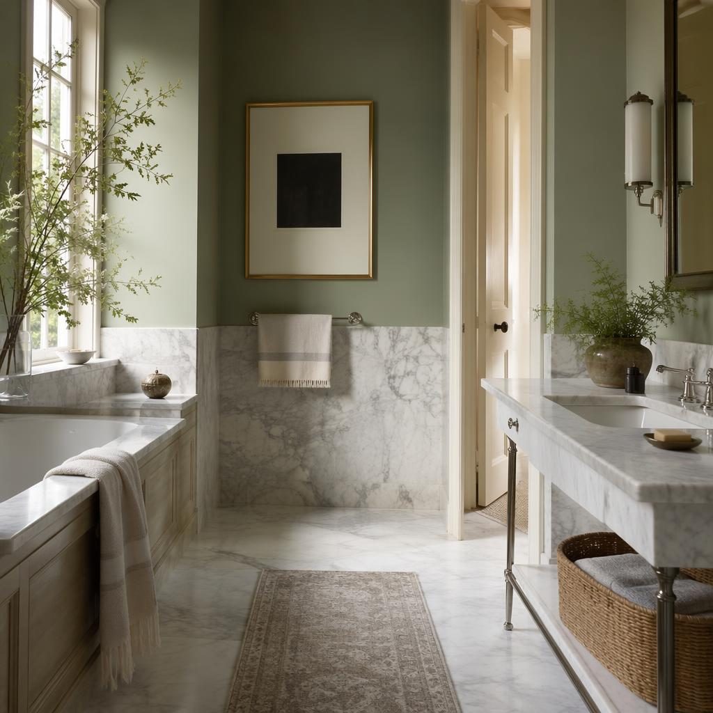 Scandinavian bathroom interior render in sage and cream with soft daylight, natural materials, plants, art and textiles.