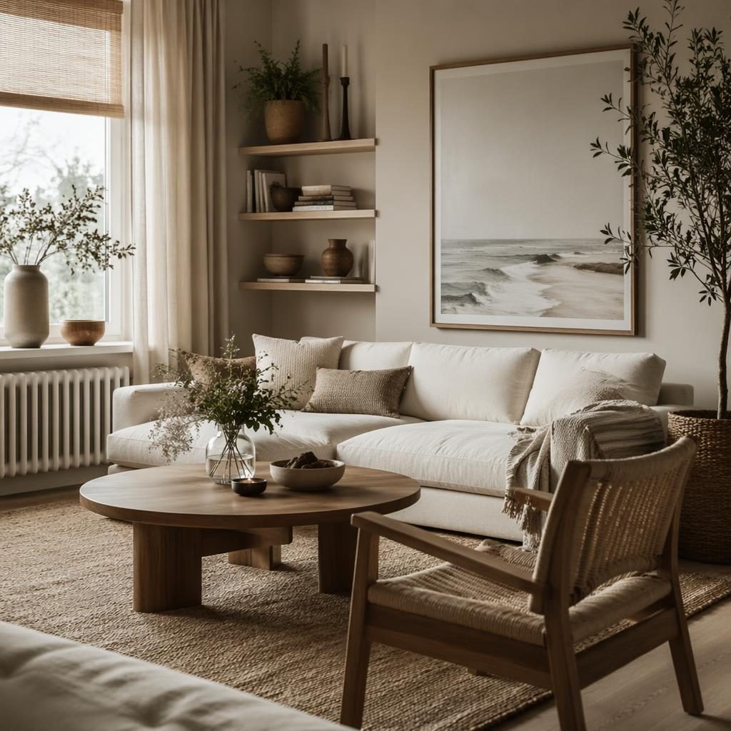 Salle à manger scandinave au style côtier, tons neutres chauds, matériaux naturels, plantes, art textile, lumière douce.