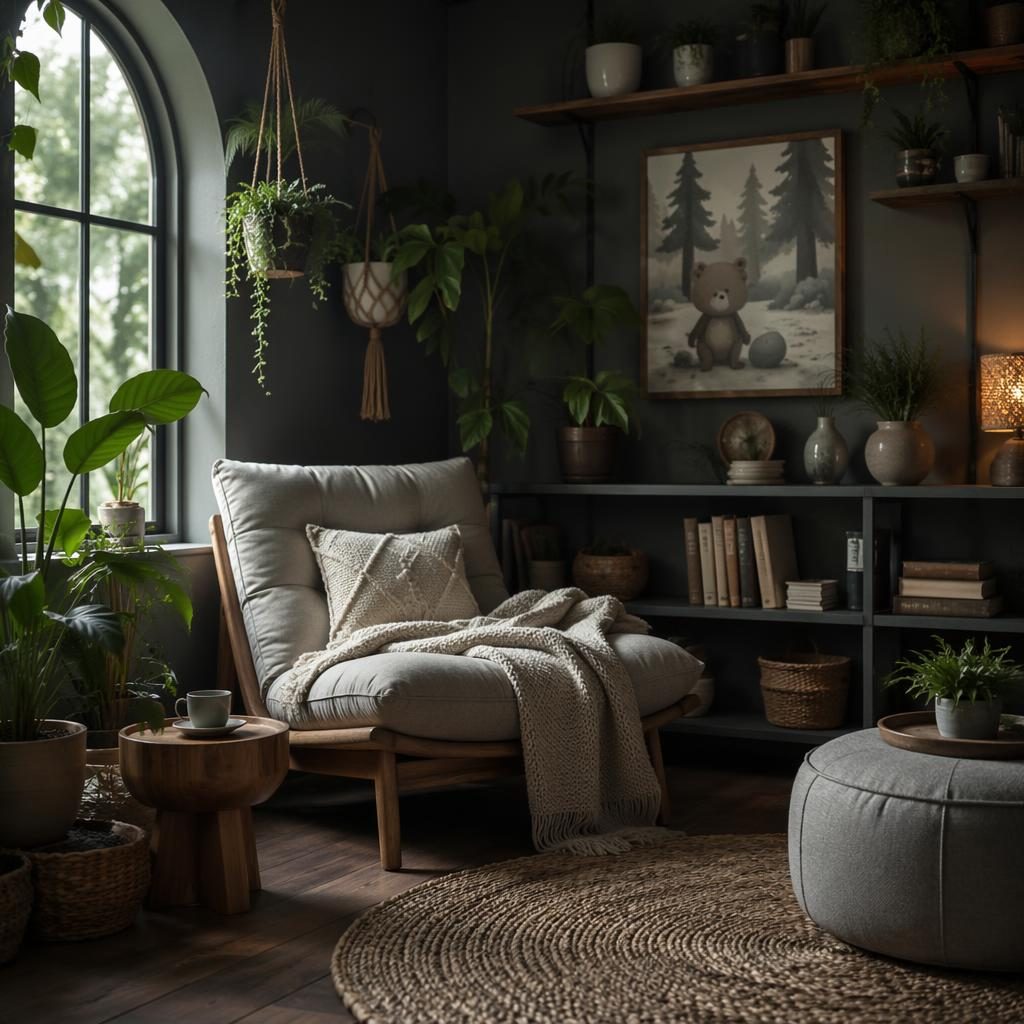 Moody boho reading corner with grey armchair, plants, textiles, art, and natural wood in a luxury interior
