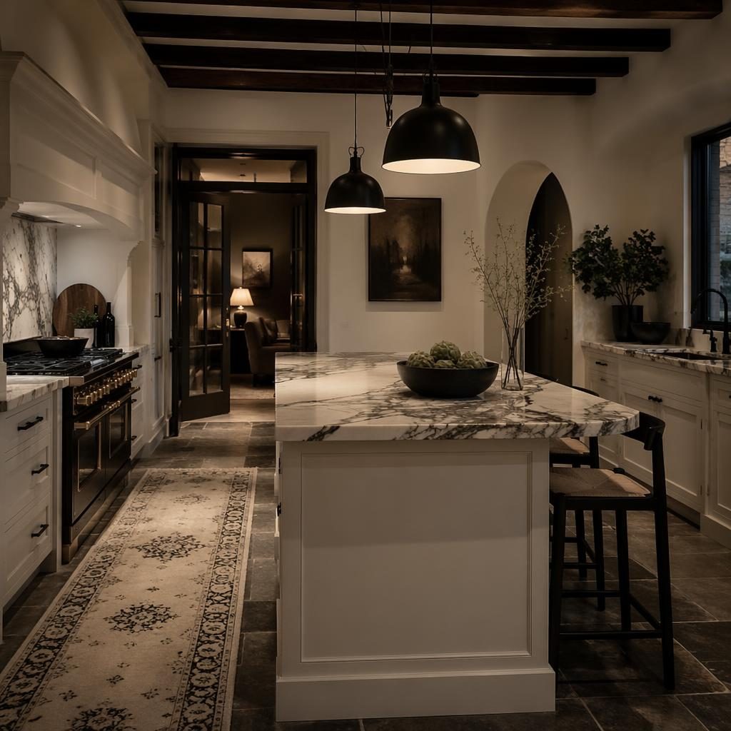Cuisine farmhouse moderne noir et blanc, lumière du soir, matériaux naturels, plantes, textiles et déco art déco