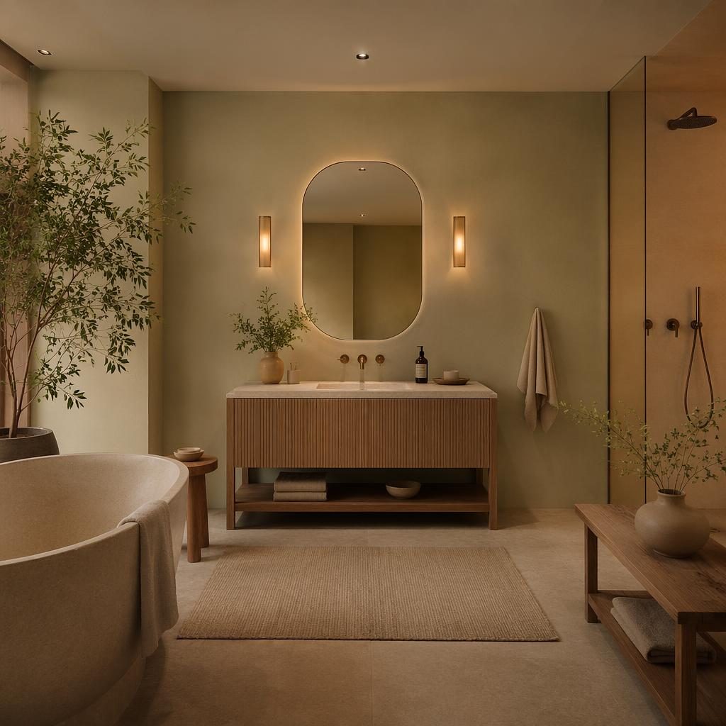 Render fotográfico de interior japandi en tonos salvia y crema, con materiales naturales, plantas, arte y luz cálida.