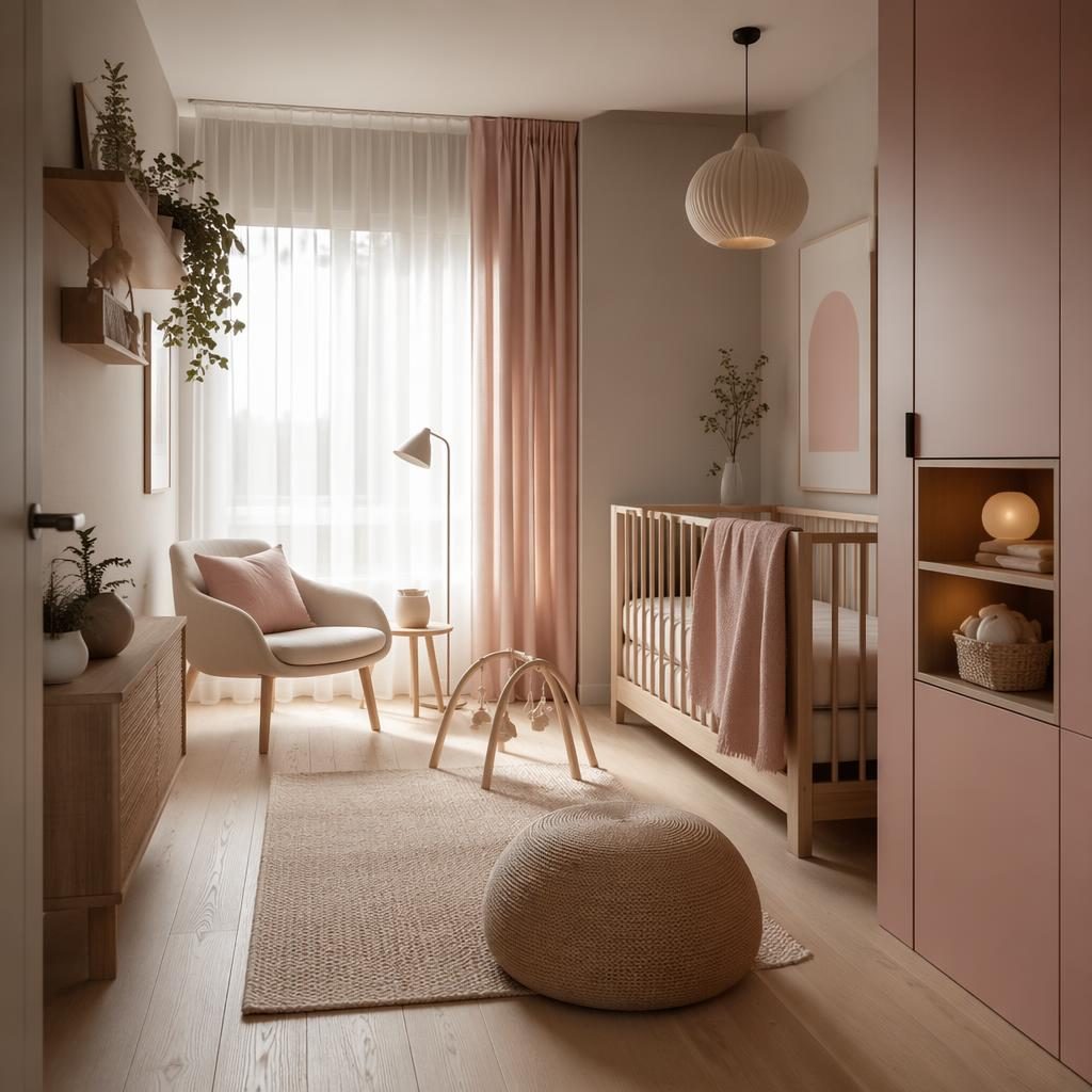 Japandi-style nursery entryway with pastel pink and beige tones, natural wood furniture, plants, art and soft textiles.