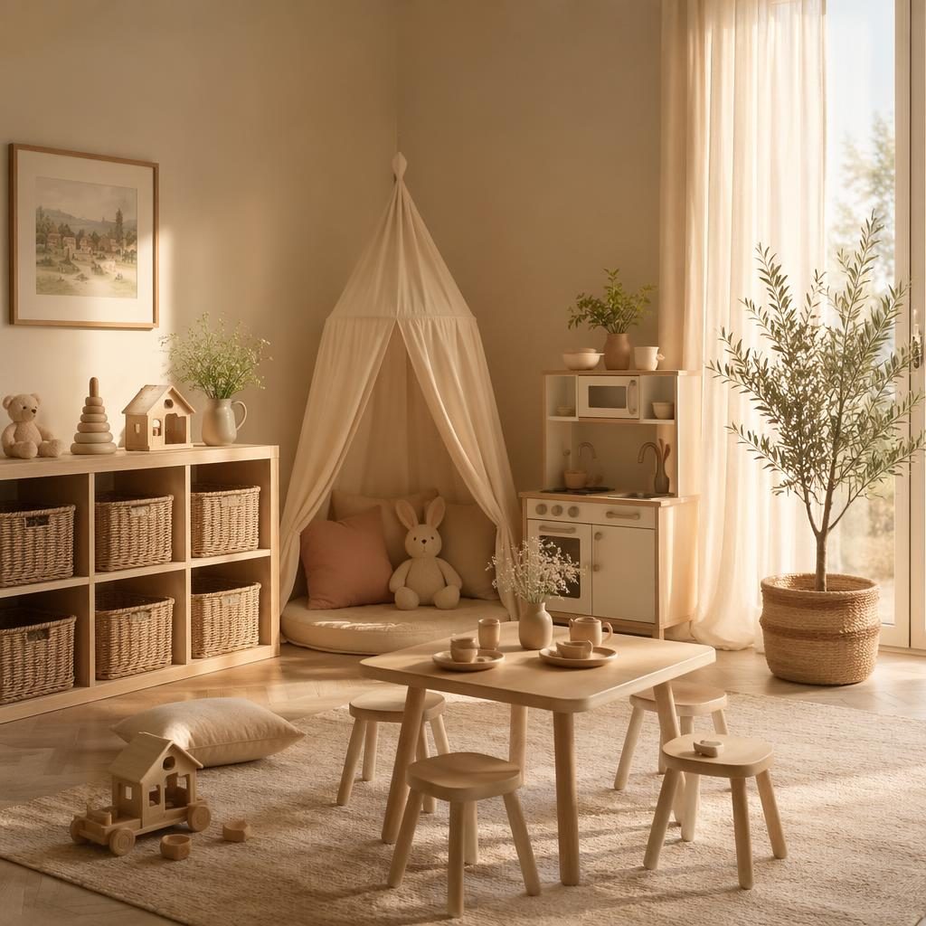 Pastel-toned living room with sage and cream palette, natural wood furniture, plants, textiles, art, and golden hour light.
