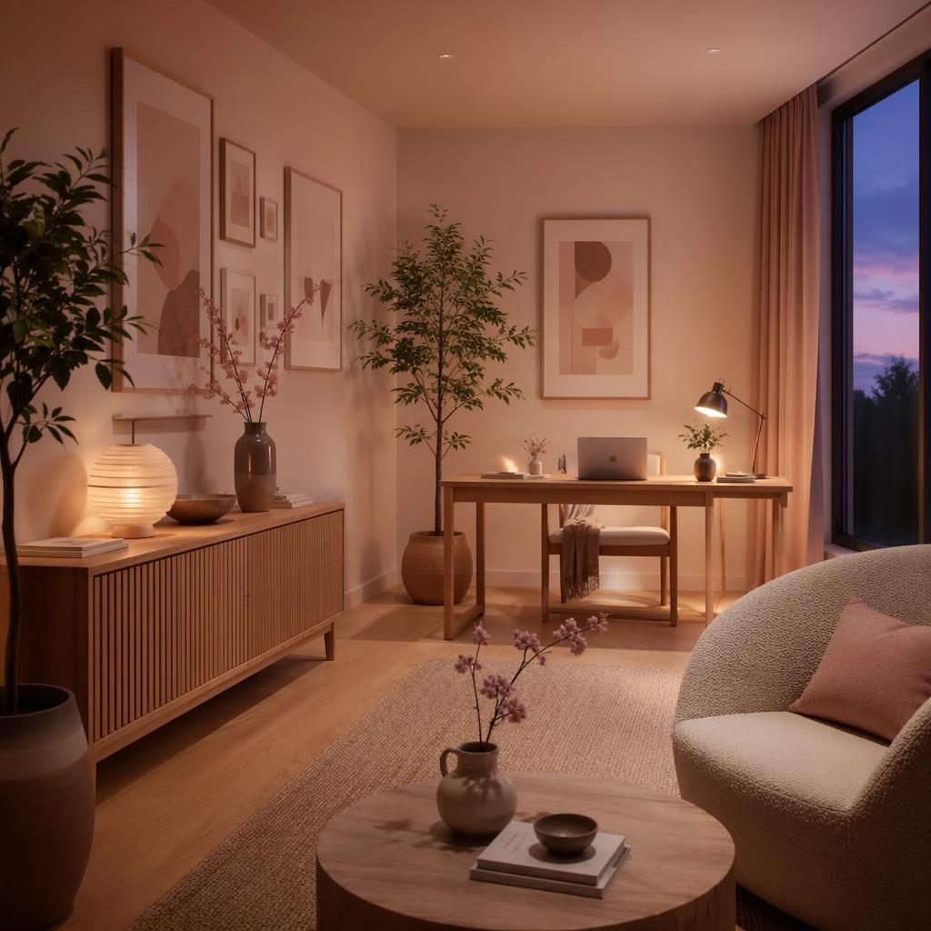 Oficina en casa estilo japandi con pared de galería minimalista, tonos rosa pastel y beige, plantas y luz cálida.