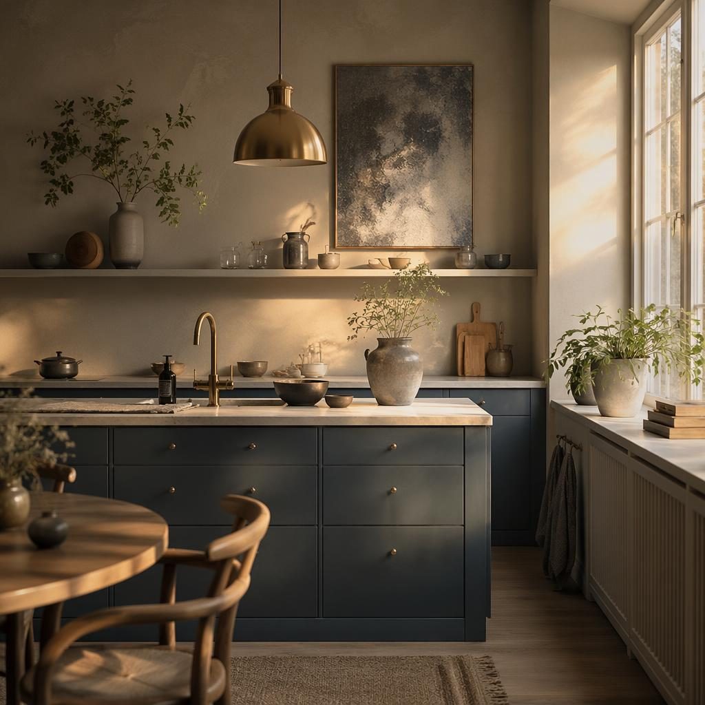Scandinavian wabi-sabi kitchen interior with blue cabinetry, brass accents, natural materials, plants, art, and textiles.