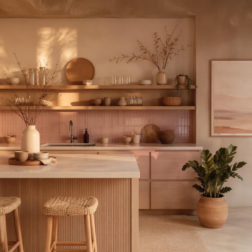 Cocina boho costera con estantes abiertos, tonos rosa pastel y beige, ramas secas, plantas y luz dorada