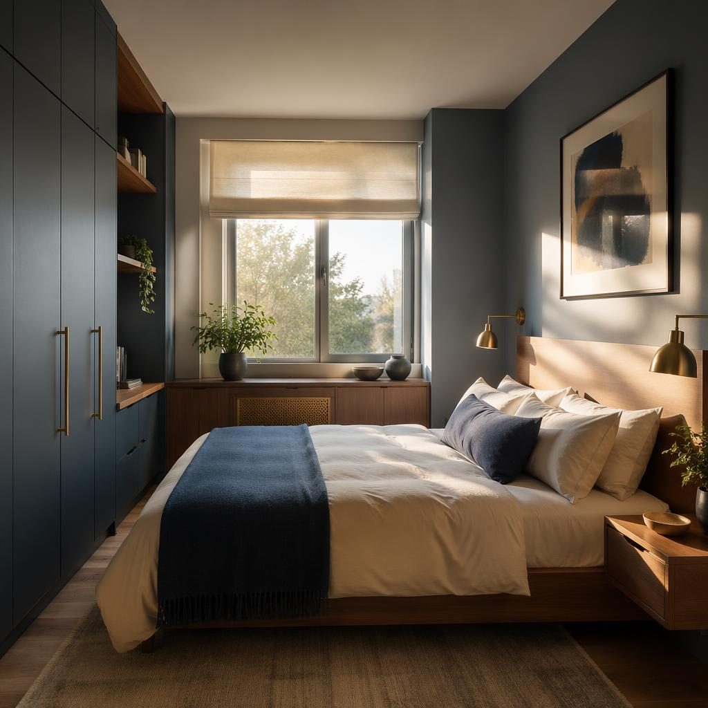 Muted minimalist bedroom with compact layout, soft textiles, natural materials, plants, and warm golden-hour light.