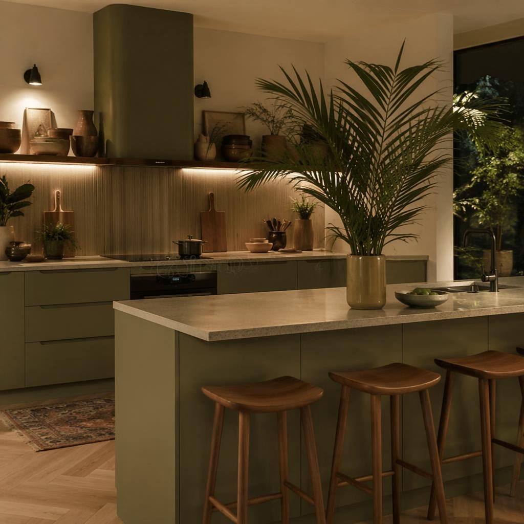 Industrial bathroom with raw concrete walls, palm tree decor, warm evening light, natural textiles, art, and plants.