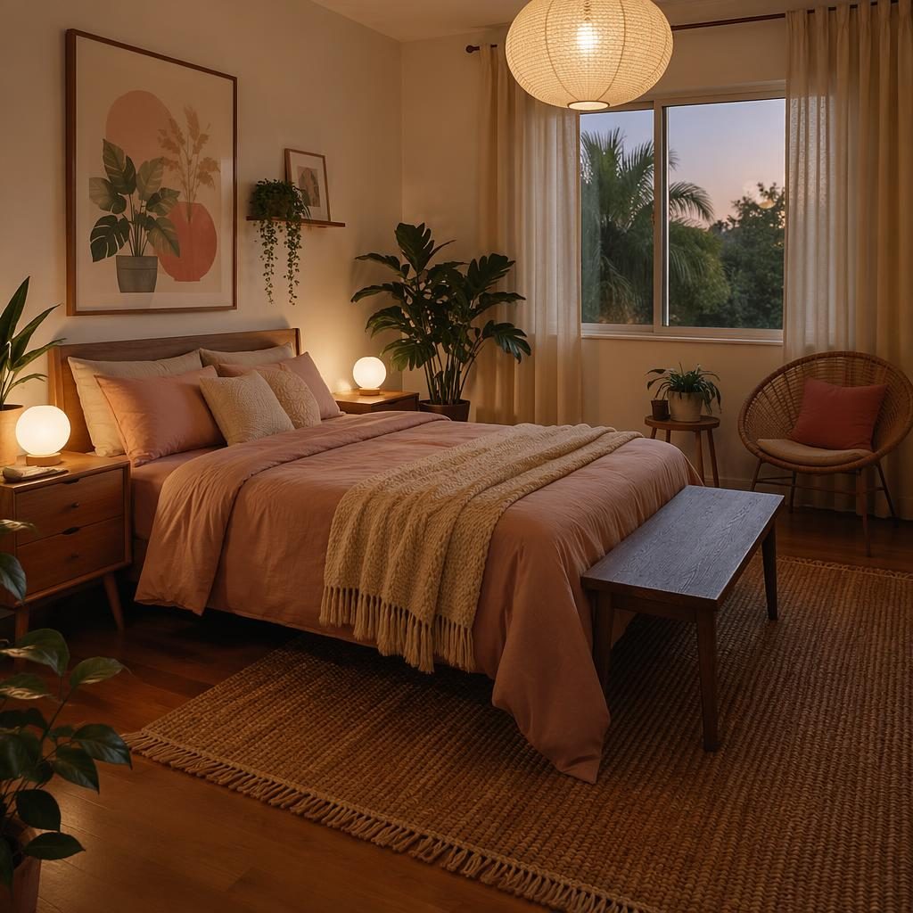mid-century bedroom interior design concept, pastel pink and beige colour palette, warm evening. Realistic photographic 