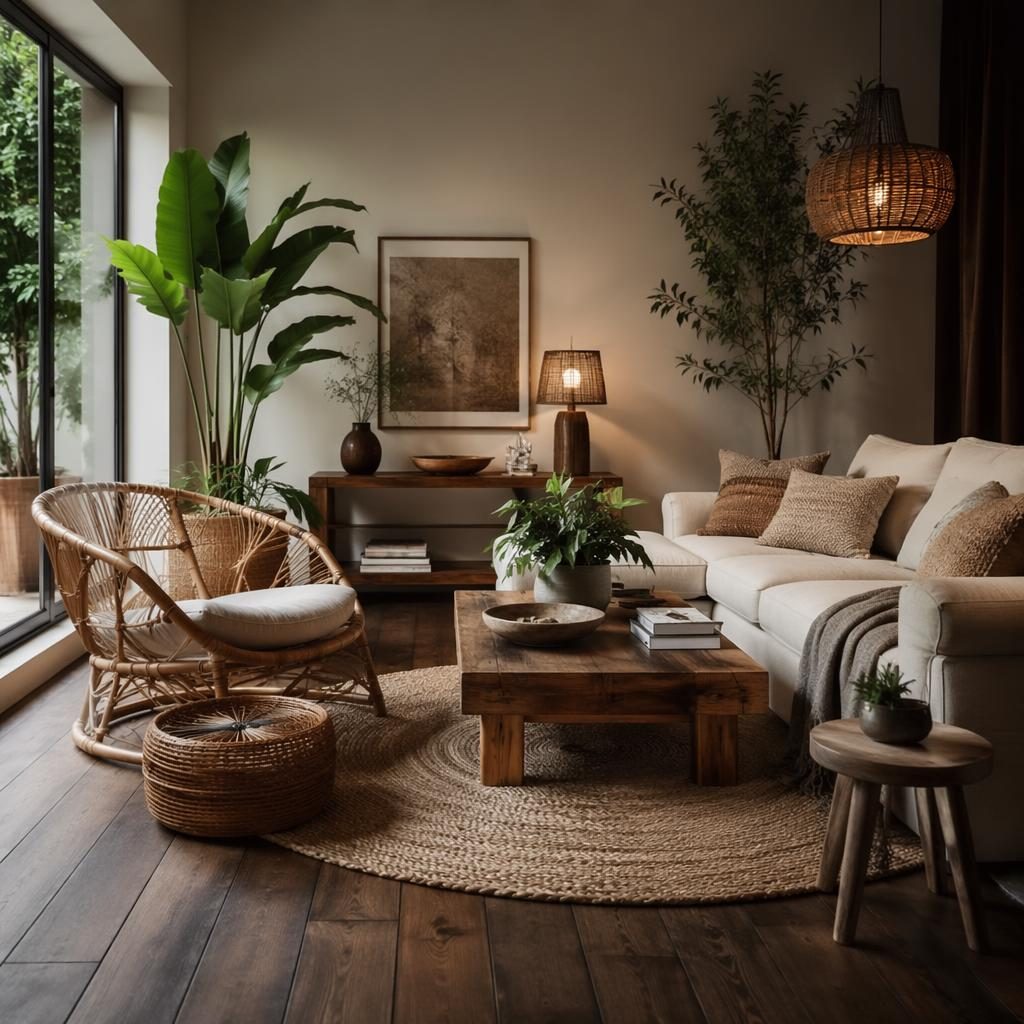 Salón boho con suelo marrón oscuro, muebles de ratán, textiles en tonos tierra, plantas y luz natural difusa.