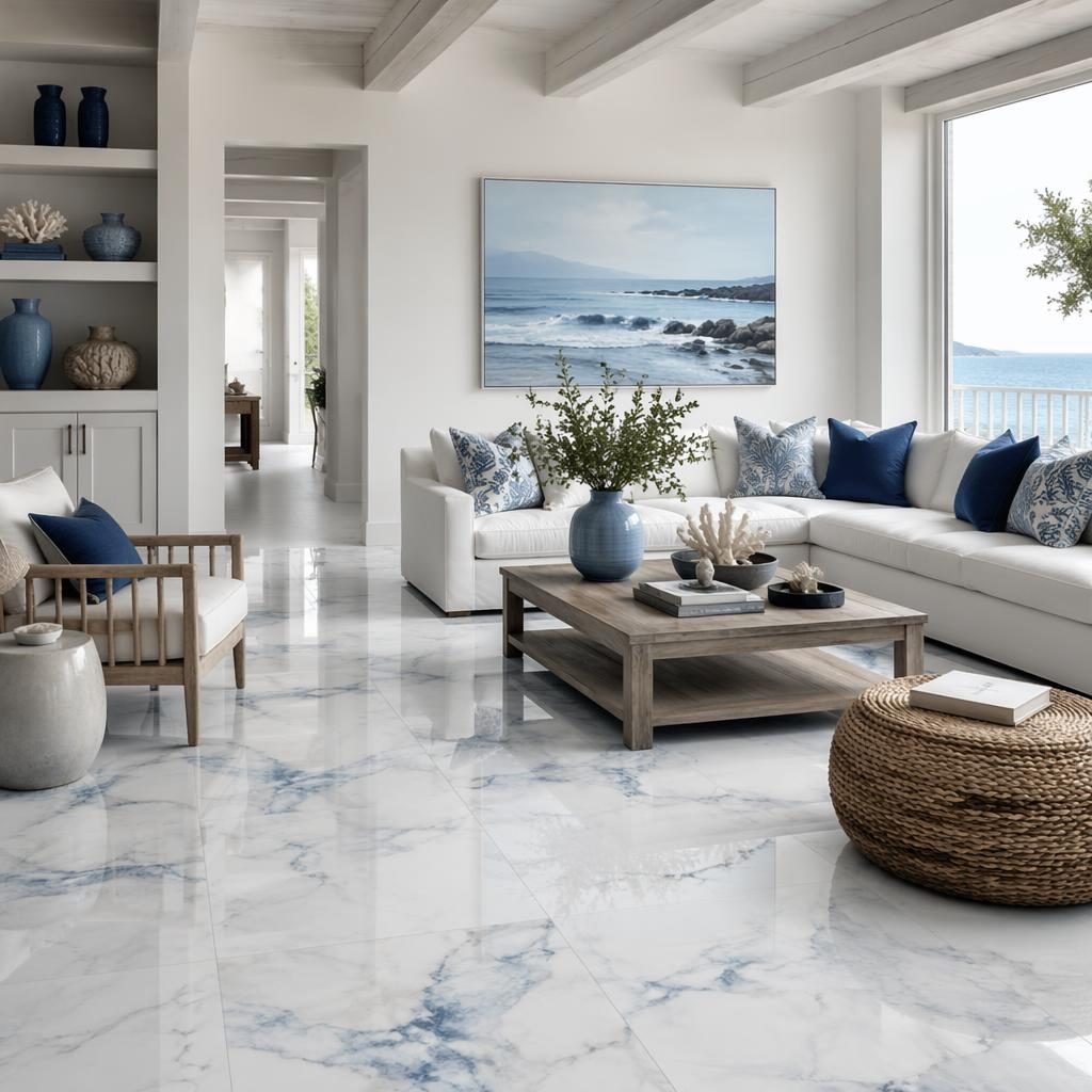 Coastal white and blue living room with contemporary tile flooring, soft daylight, plants, art, textiles, no people.