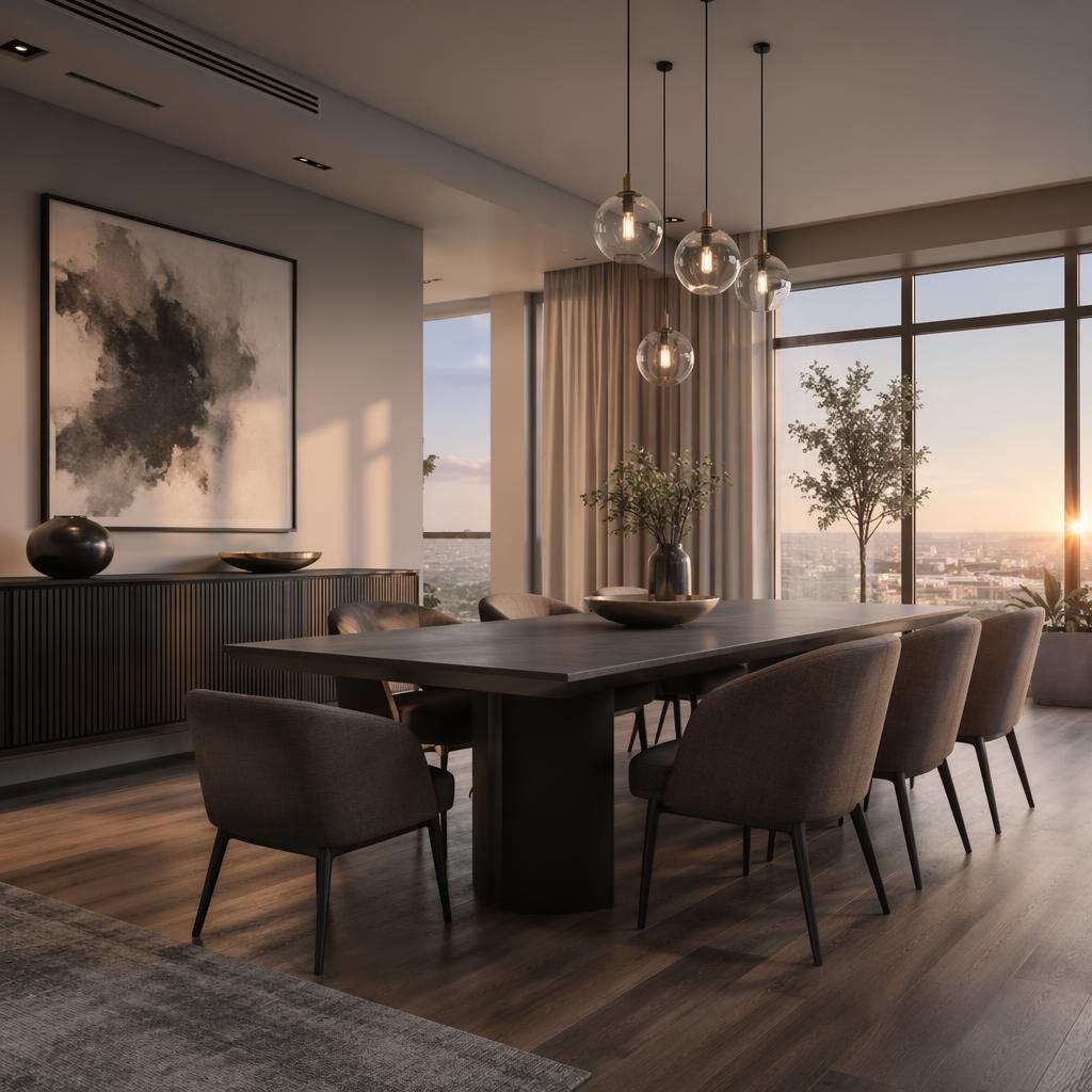 Modern minimalist penthouse dining room in cool grey tones with natural materials, plants, art, textiles, and golden hour light.