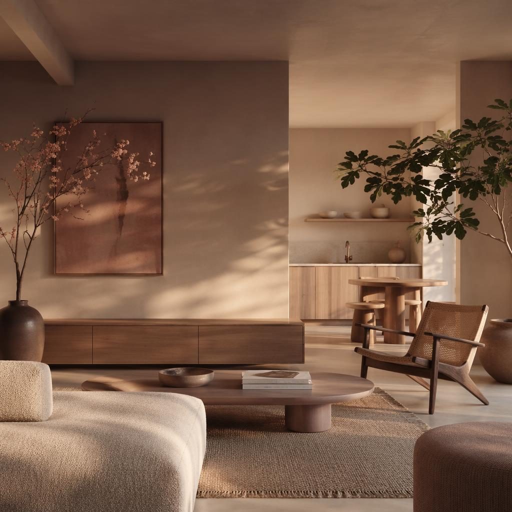 Japandi Wohnzimmer in Pastellrosa und Beige mit Naturmaterialien, Pflanzen, Kunst, Textilien und warmem Abendlicht