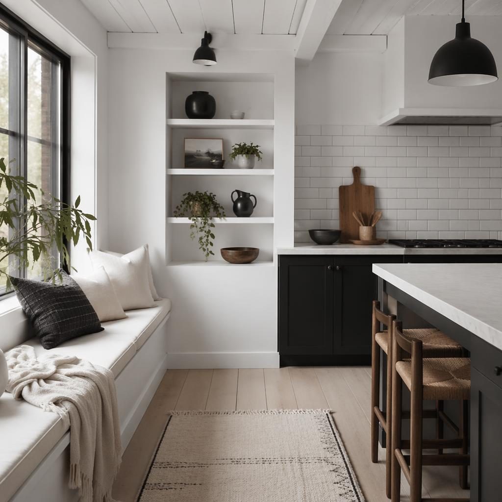 Cocina escandinava en blanco y negro con luz natural, materiales nobles, plantas, arte textil y estilo minimalista.
