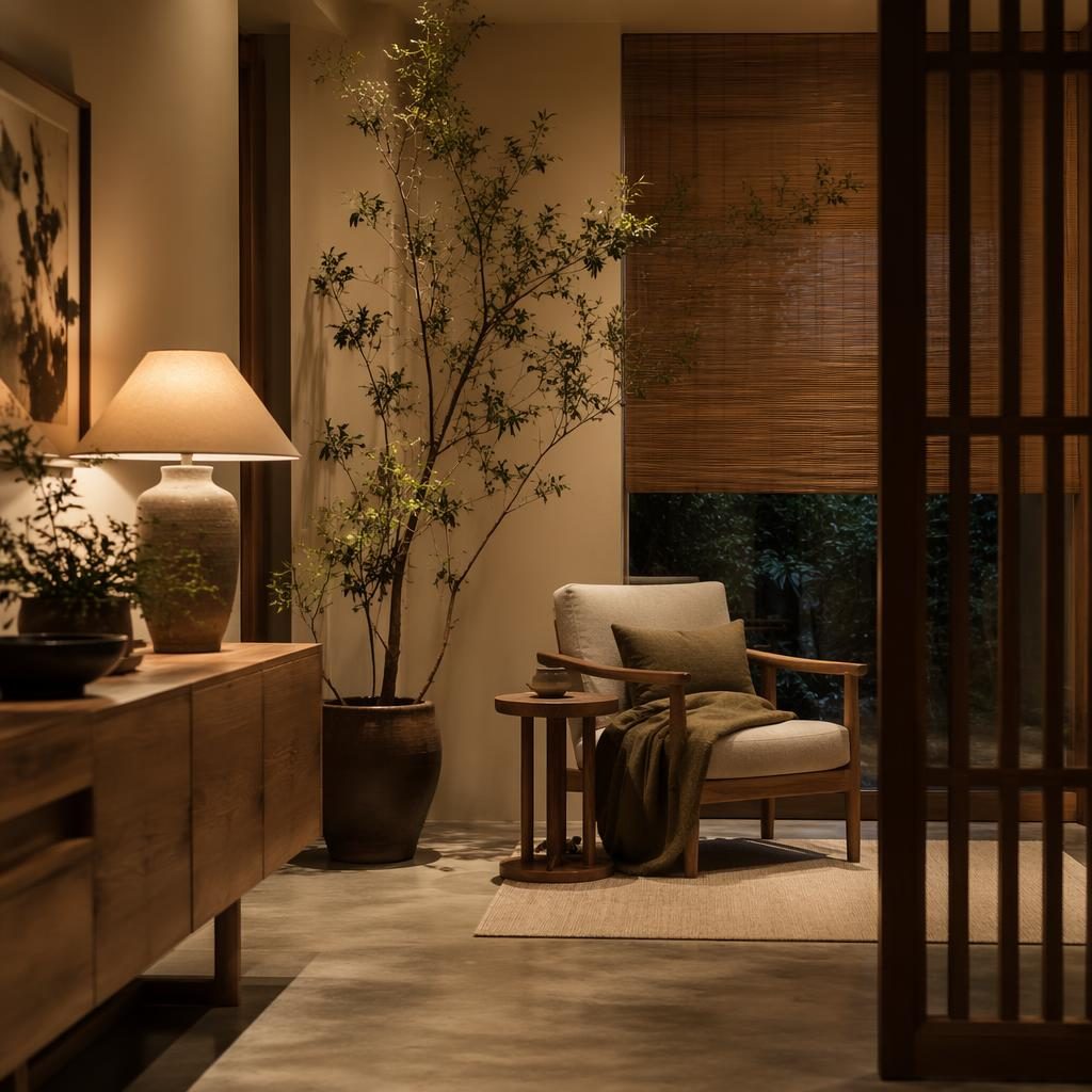 Japandi living room render in warm evening light with earth tones, natural wood furniture, plants, textiles, and art