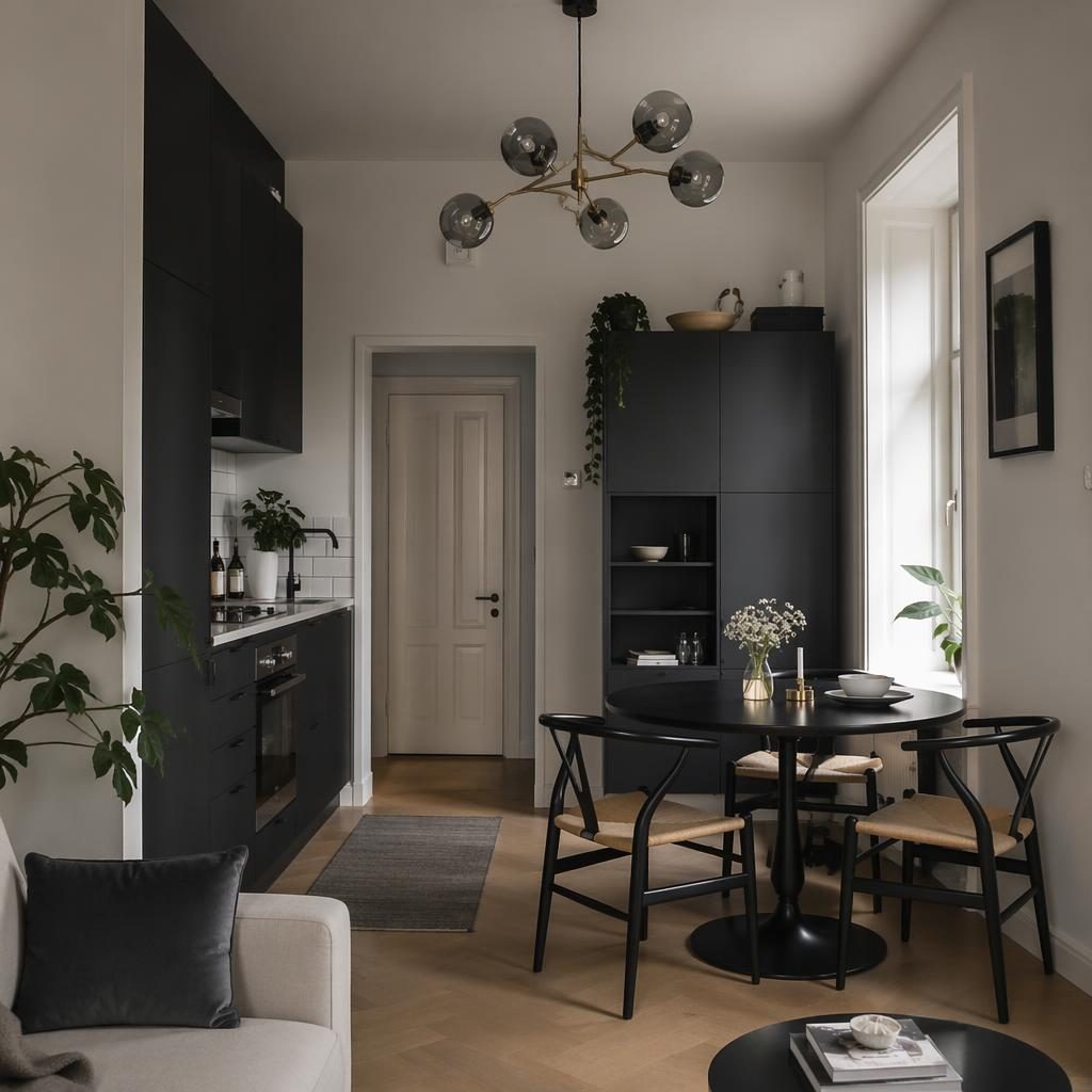 Mid-Century-Küche in Schwarz-Weiß mit weichem Tageslicht, Naturmaterialien, Pflanzen, Kunst und kompakter Möblierung