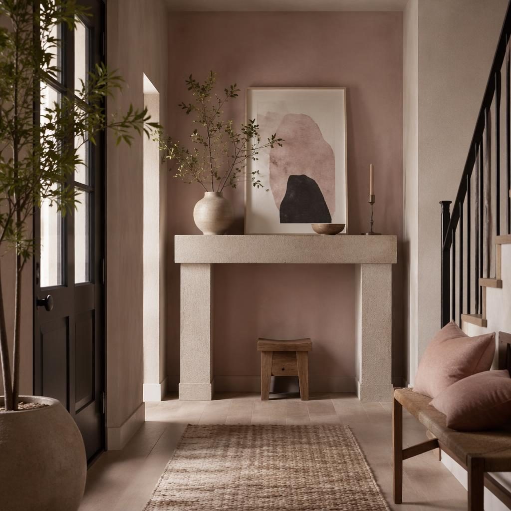 Japandi entryway interior in pastel pink and beige with natural materials, plants, art, textiles, and mantelpiece decor