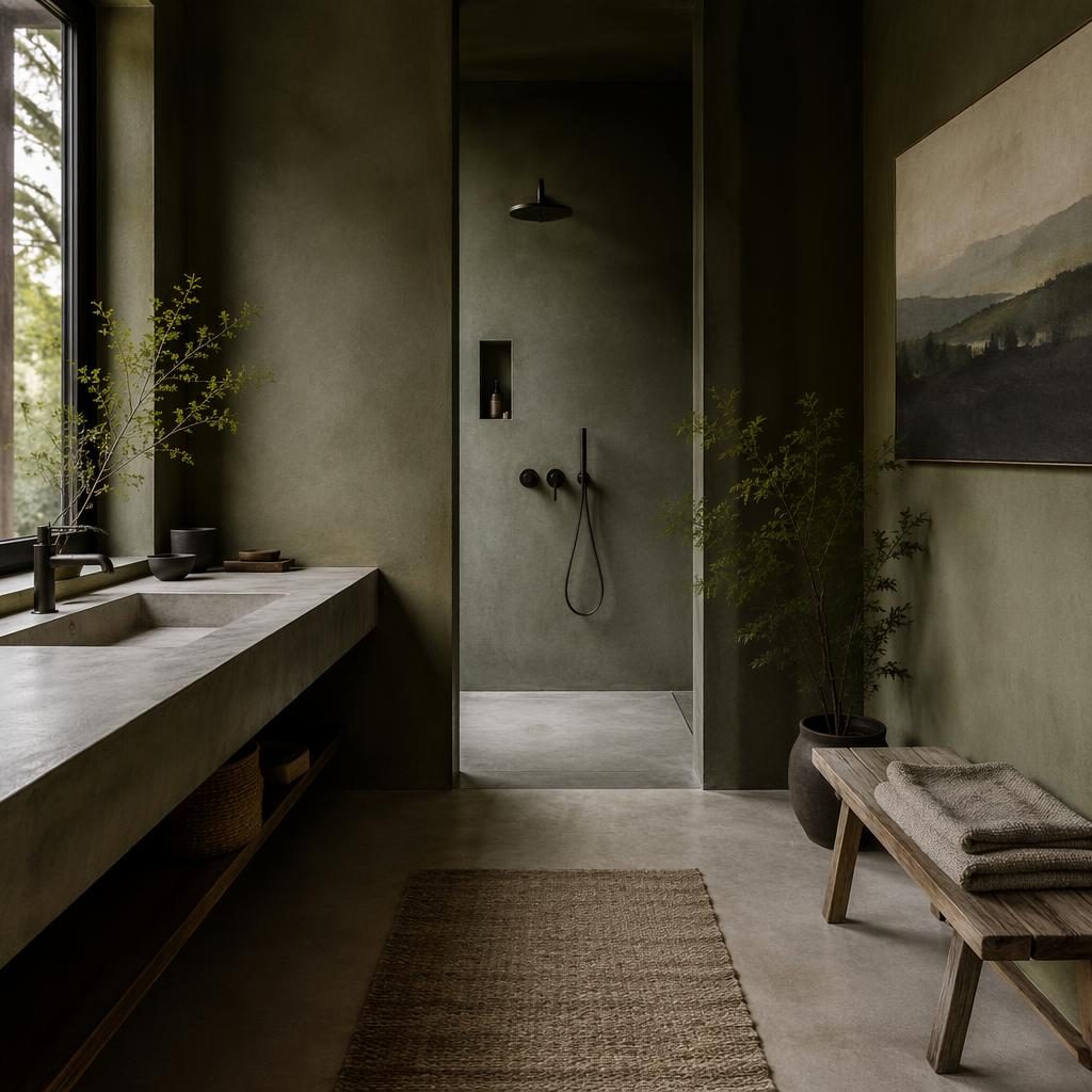 Minimalist concrete kitchen in sage and cream with plants, textiles, art, and moody natural light.