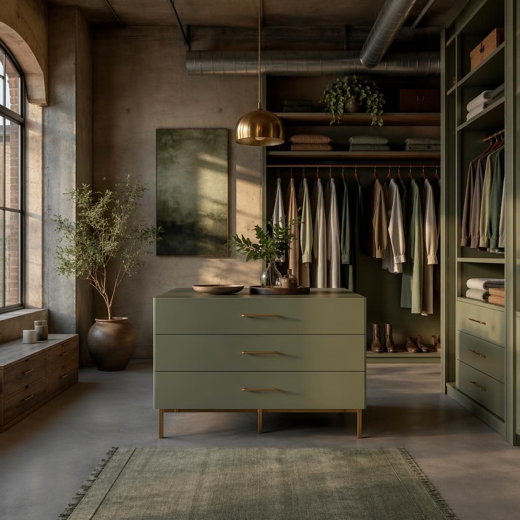 Modern walk-in closet interior with sage green decor, blue and brass accents, plants, textiles, and golden hour light.